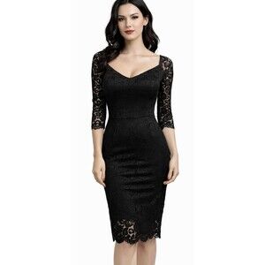 MIUSOL Black Lace Cocktail Wedding Guest Dress Women’s M Retro Pencil 3/4 Sleeve